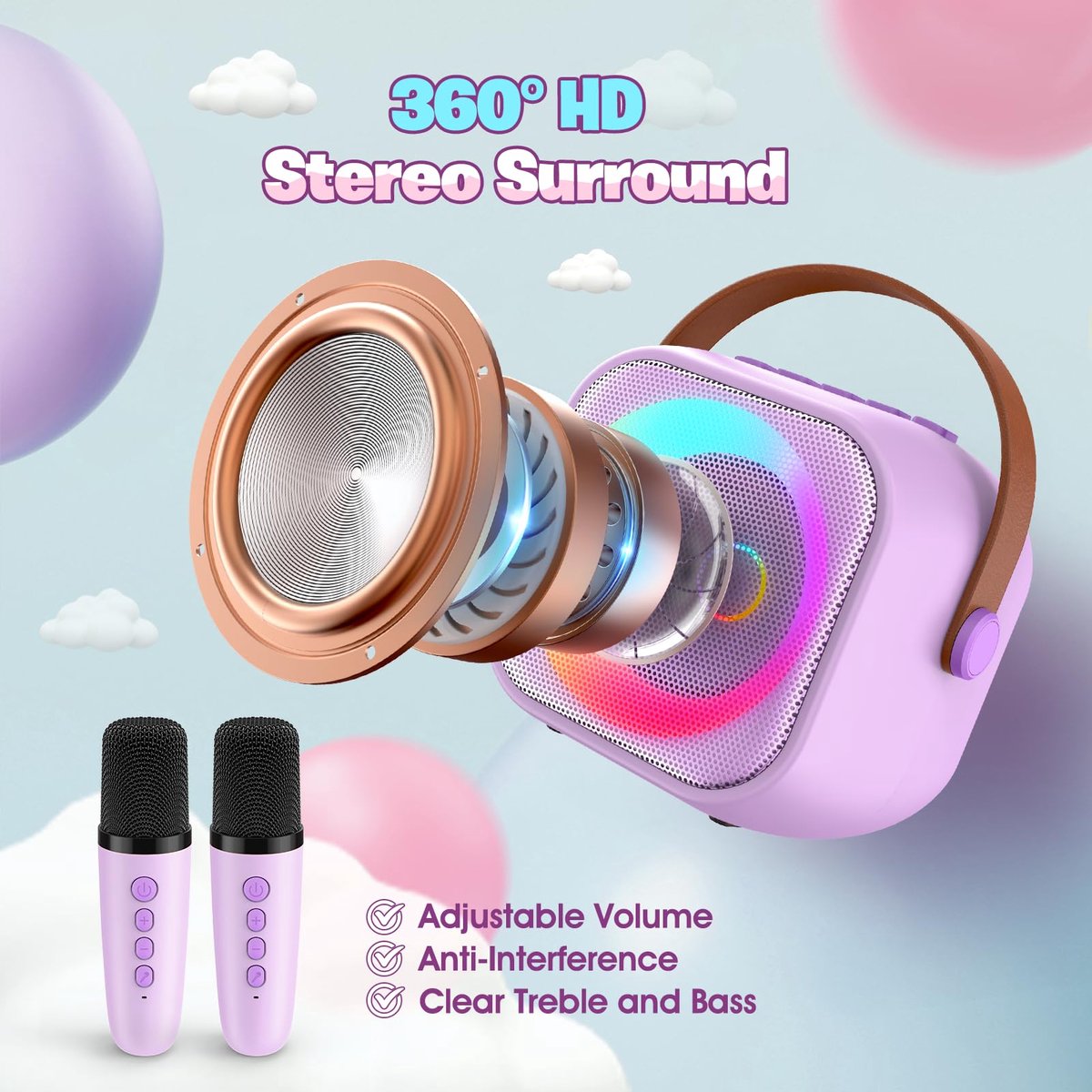SnelShoppen - Karaokeapparaat met 2 Draadloze Microfoons - Draagbare Bluetooth Karaoke Microfoon voor Feesten, Verjaardagen, Kamperen - Mini Microfoon