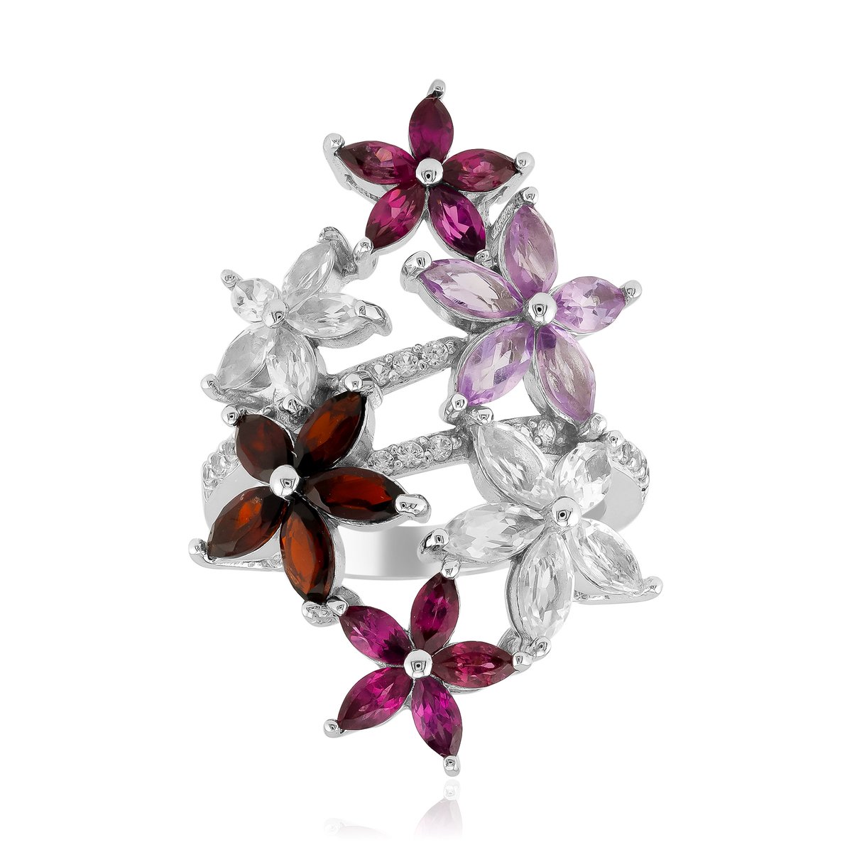 Cavill - Luxe Zilveren Ring met Granaten, Boliviaanse Amethist en Witte Topaas - 925 Sterling Zilver - Marquise Slijpsel - 3,659 ct - Bloemmotief