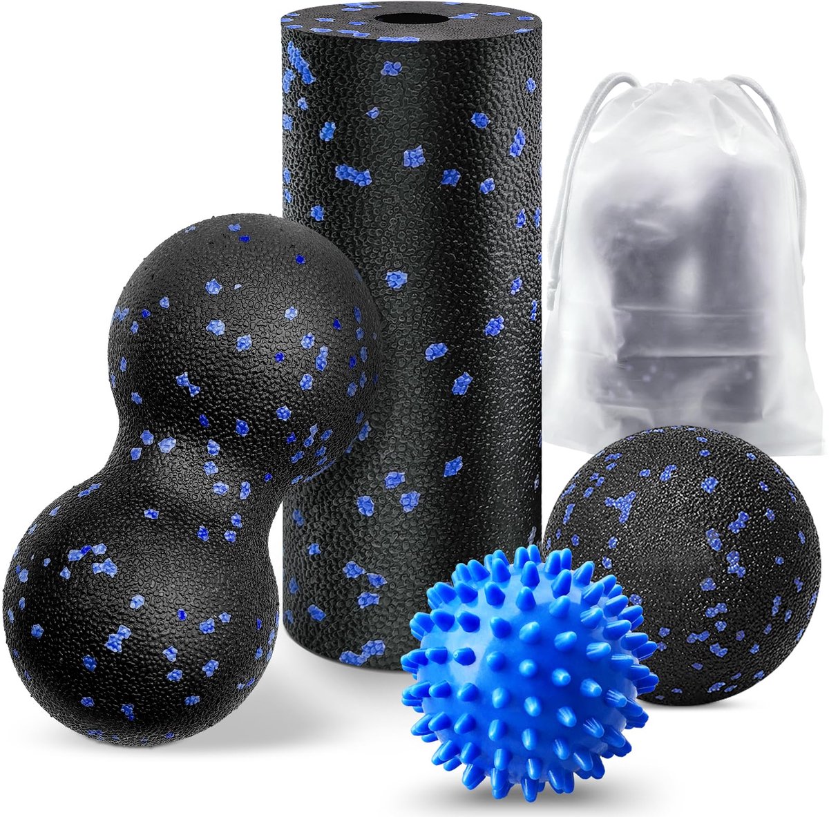 Dailygoods- Fasciaballen Set van 4 - Kleine Fasciaroller - Egelbal 7 cm - Duobal - Massageballen voor Wervelkolom/Rug/Nek - Inclusief Draagtas