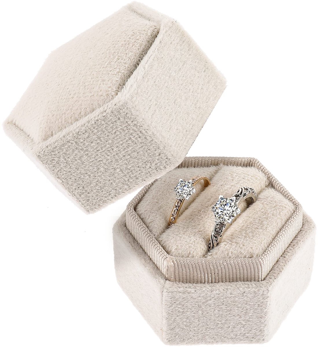 Dailygoods - Luxe Velvet Trouwringdoos met Verwijderbare Deksel, Hexagonaal, Beige