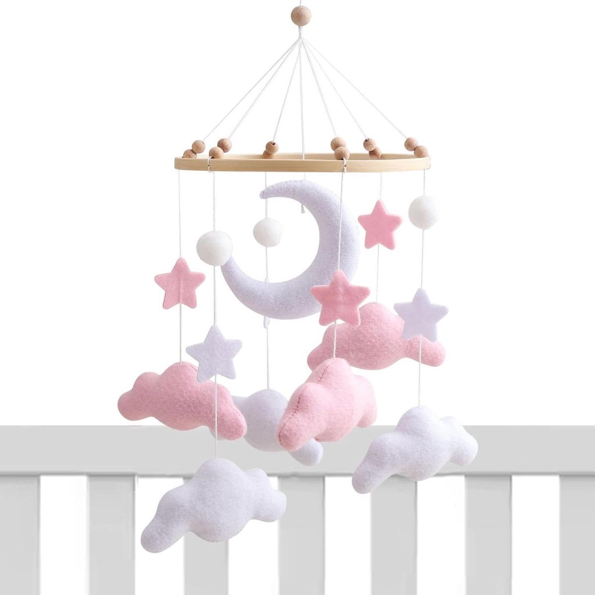 Slaapmobiel Wolk - Wiegdecoratie Mobiel - Babykamer Aankleden - Handgemaakt Vilt - 36 x 20 cm - Wit Grijs