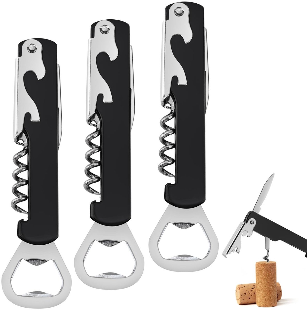 Dailygoods - Flessenopener Set van 3 - Professioneel Kelnermes met Kurkentrekker en Foliesnijder