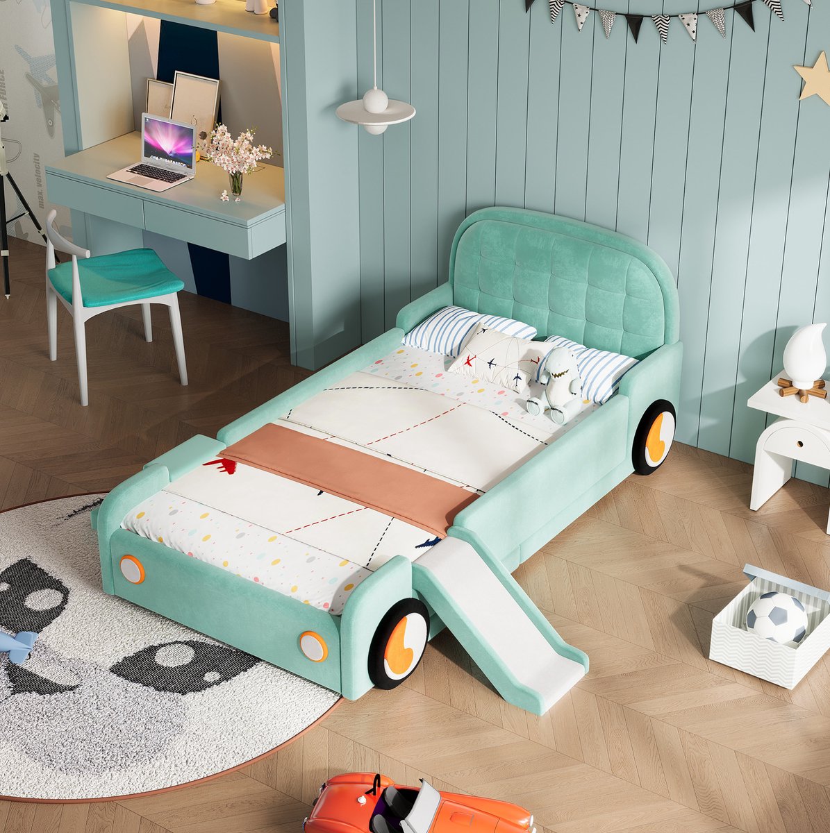 REDOM - Kinderbed - Auto-ontwerp - Met glijbaan en trap links of rechts monteerbaar - Uitvalbeveiliging - Kinderkamer - Stof - Blauwgroen - 90 x 200 cm