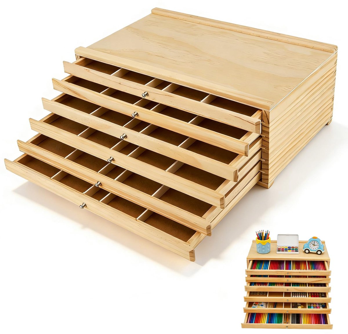 SnelShoppen - Houten kunstenaarsopbergdoos met 6 Laden, Beukenhout, 40x25x15 cm, Draagbare Schilderkoffer voor Verf, Penselen, Pastelpotloden en Teken