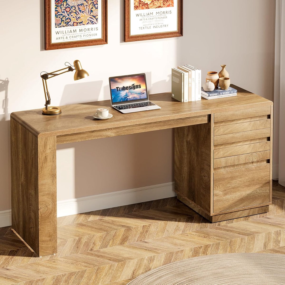 Tribesigns Bureau - Bureau met 3 Schakelbare Ladekast- Computerbureau - Computertafel - Bruin - 140 x 50 x 75 cm