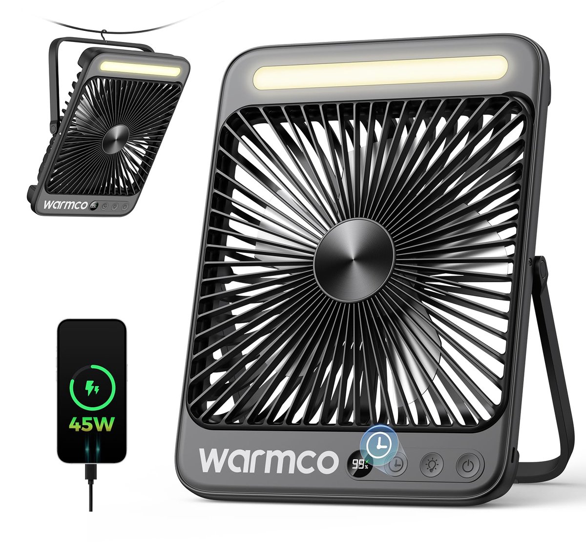 SnelShoppen - Campingventilator met Accu, 20.000 mAh, 45 W Snellading, 8-Uurs Timer, Draadloze Ventilator voor Camping, Tuin, Feest en Buiten