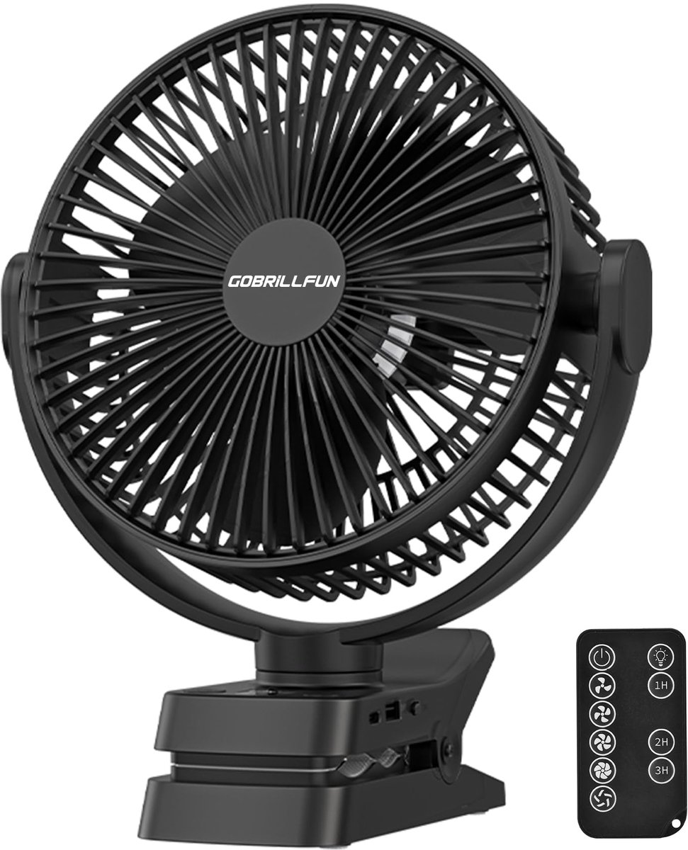 SnelShoppen - 12000 mAh Clip-On Ventilator met Afstandsbediening, USB Oplaadbaar, LED Verlichting, 5 Snelheden, Draagbare Ventilator voor Kantoor, Kam