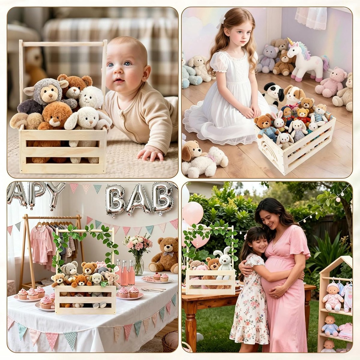 Houten babymand - Baby opbergmand Decoratiemand - Babykamer organiseren - Met handvat en hangers – foto 2