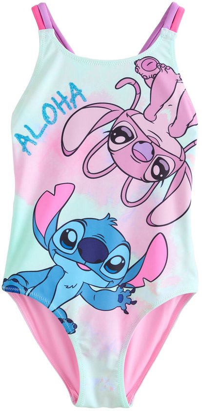 Lichtblauw badpak met tie-dye print, "ALOHA" tekst en Stitch & Angel figuren.