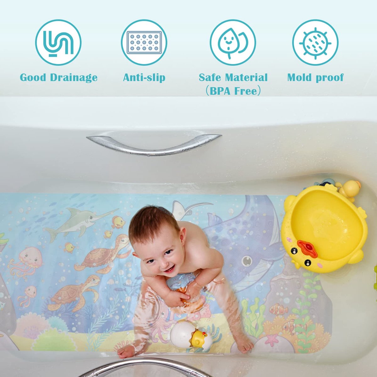 SnelShoppen - JOPHEK Kinderbadmat Antislip Douchemat 100 x 40 cm Walvis Kids Cartoon BPA-Vrij met 200 Zuignappen Schimmelbestendig Machinewasbaar