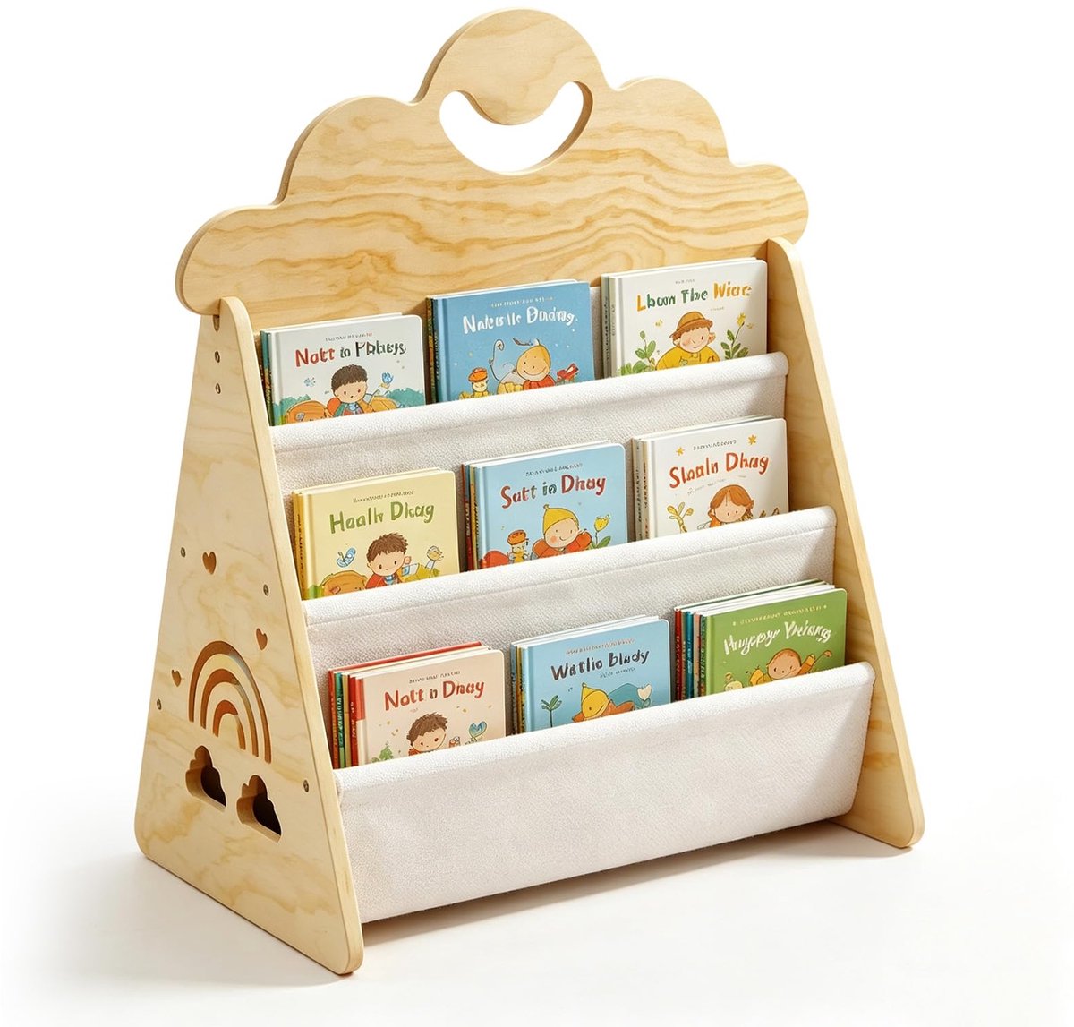 SnelShoppen - Montessori Kinderrek Dubbelzijdig Houten Boekrek voor Kinderen met Duurzame Canvas Zakken en Handgrepen - Ideaal voor Thuis, School of S