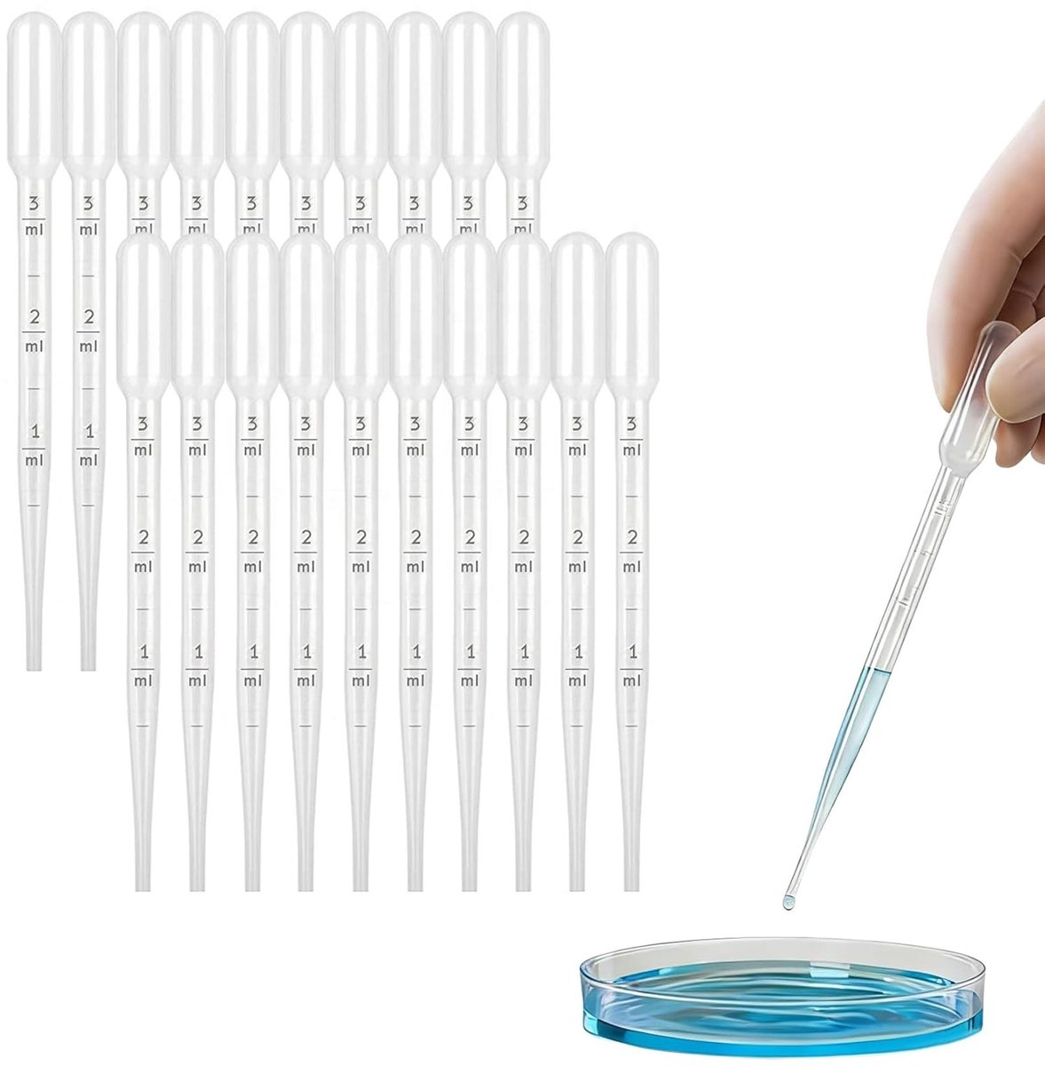 Dailygoods- Pipetten 100 stuks - Kunststof Wegwerp - Vloeistofdruppelaars met Schaalverdeling - 3 ml - Laboratorium/Kinderen - Cosmetica/Hobby - Transferpipetten