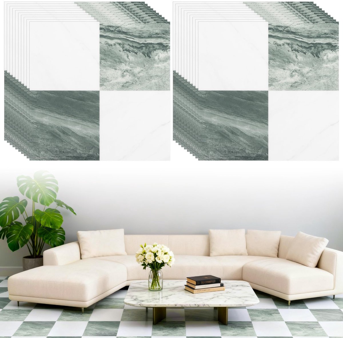 Dailygoods - 20 Stuks Zelfklevende PVC Vloertegels 30x30 cm - Waterdichte Tegels met Groen-Wit Marmerpatroon