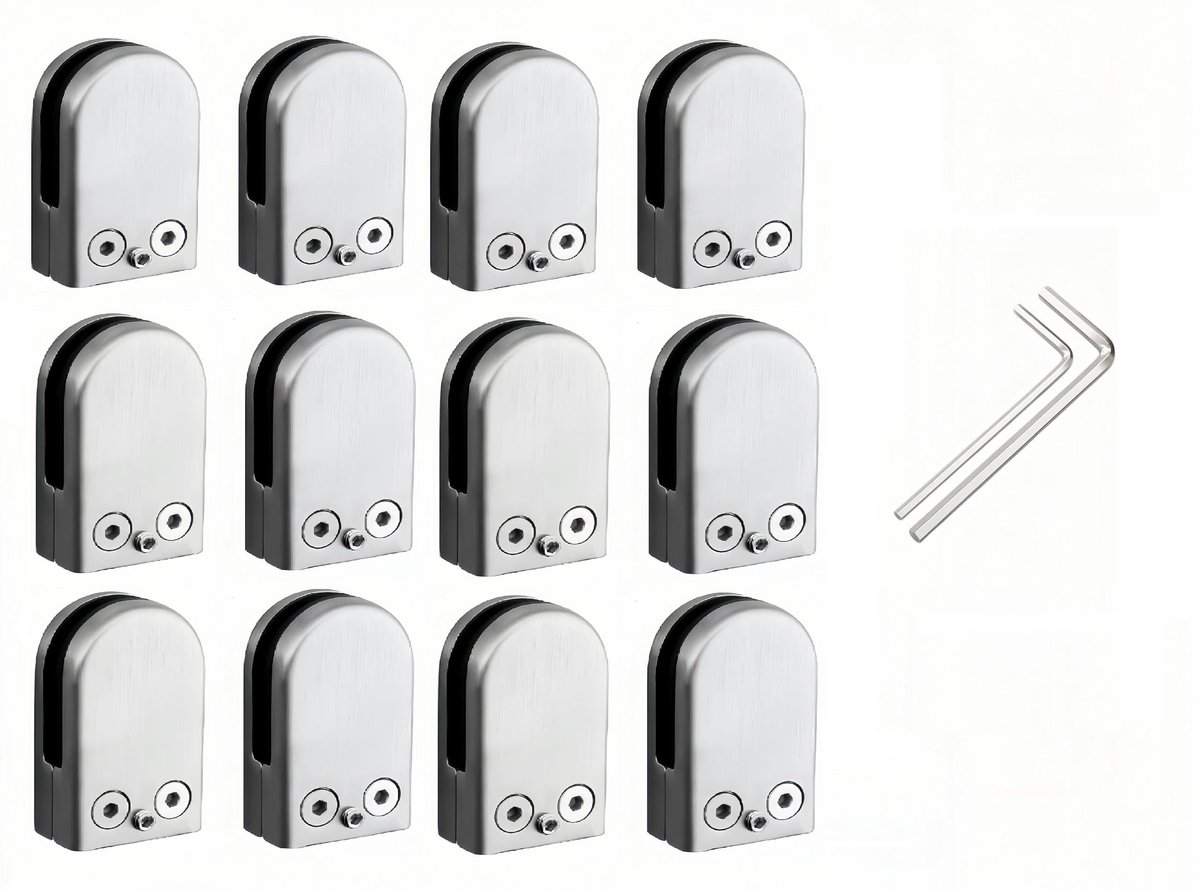 Dailygoods- Glashouders Roestvrij Staal - Glasklemmen - Spiegelhouder - Glasplankhouder - 12 Stuks - Geschikt voor 10-12 mm Glasdikte
