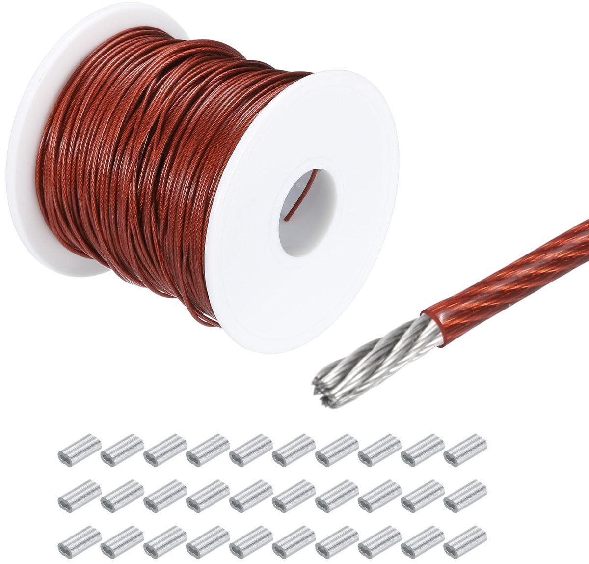 Dailygoods - 100m Stalen Kabel - 304, Vinyl Coated met 30 Aluminium Sleeves
