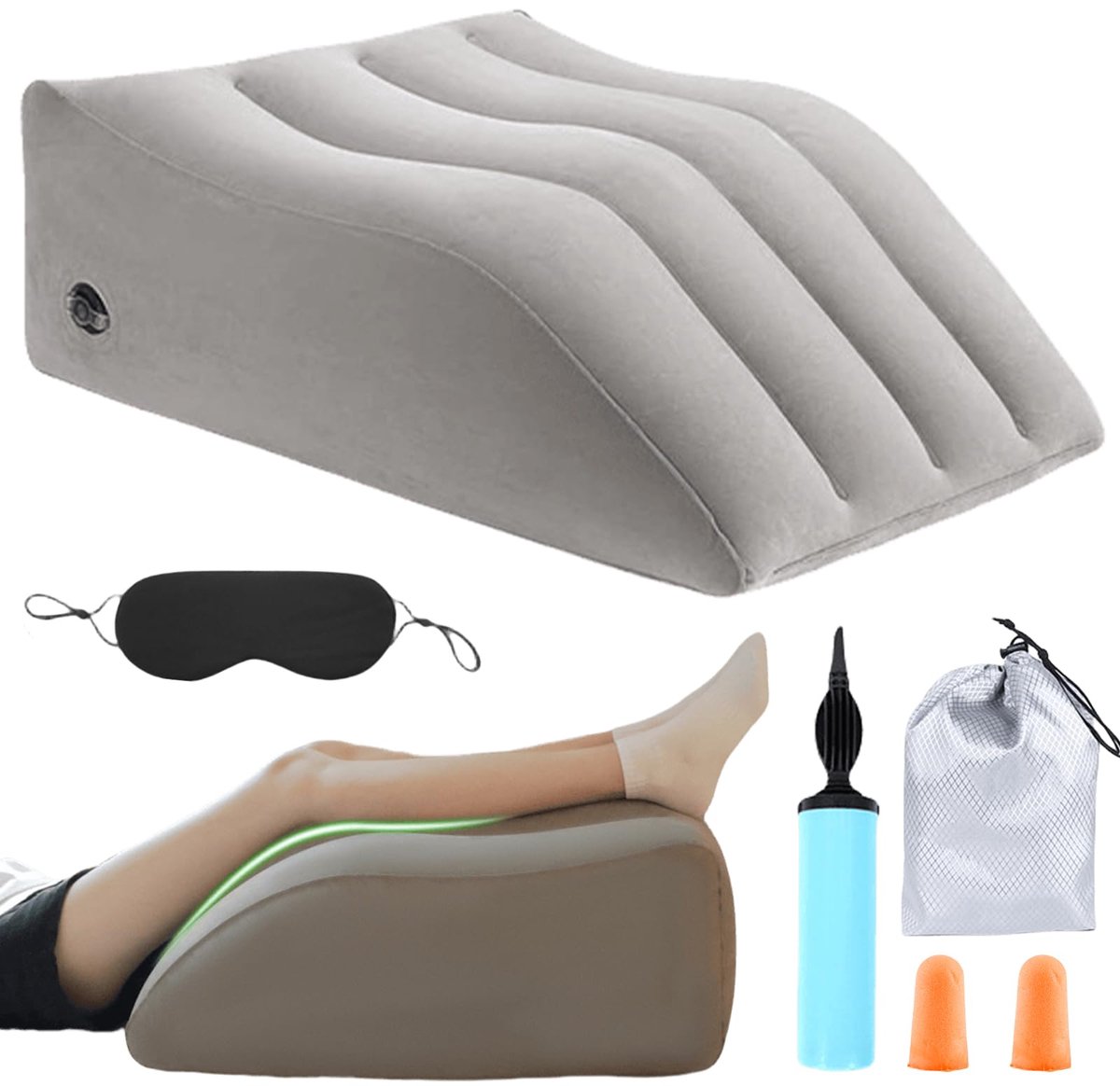 Dailygoods - Inflatable Leg Raising Pillow - Ondersteunend Kussen met Pomp en Tas (Grijs)