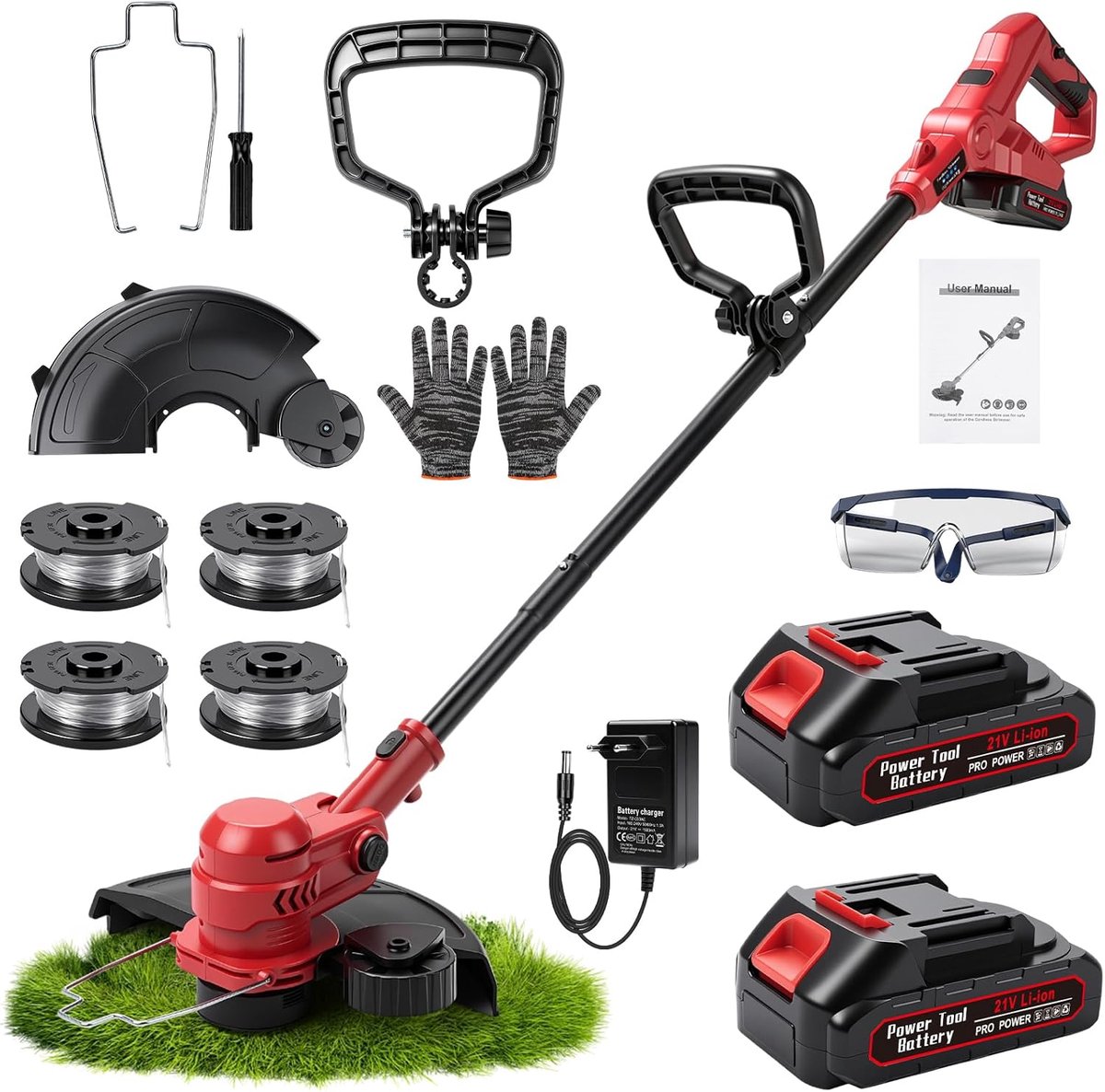SnelShoppen - Accu Grastrimmer 21V 12 Inch Opvouwbare Elektrische Grasmaaier met 2 x 1500mAh Accu, Oplader, 4 Reserve Draadjes, 2-in-1 Kantsnijder voo