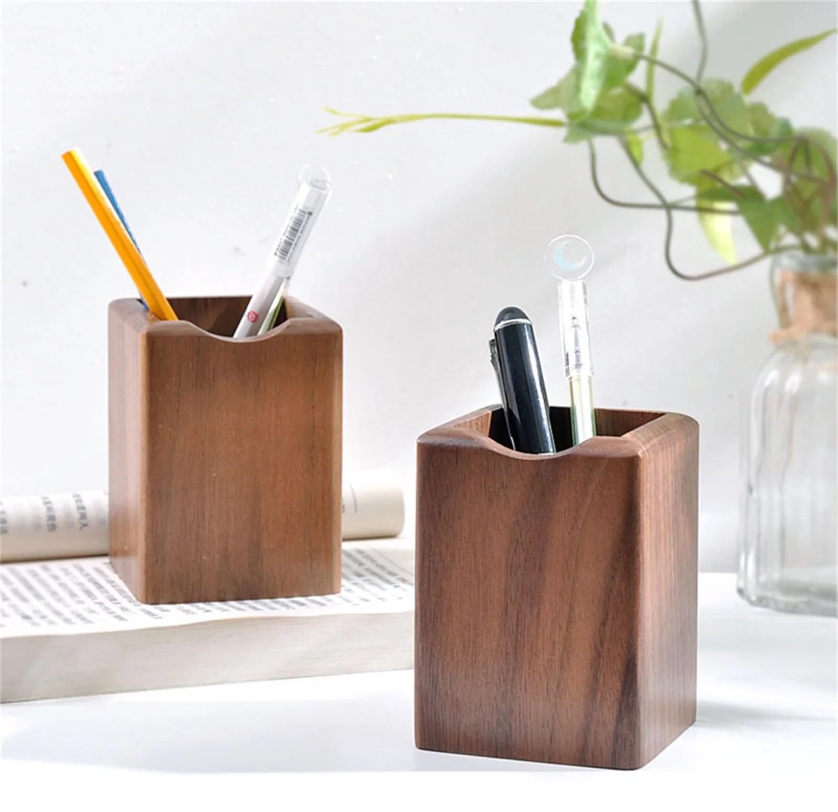 SnelShoppen - 2 Stuks Houten Pen Potloodhouder Standaard - Multifunctionele Natuurlijke Houten Potlood Beker Bureau Organizer - Walnoot Kleur Opbergdo