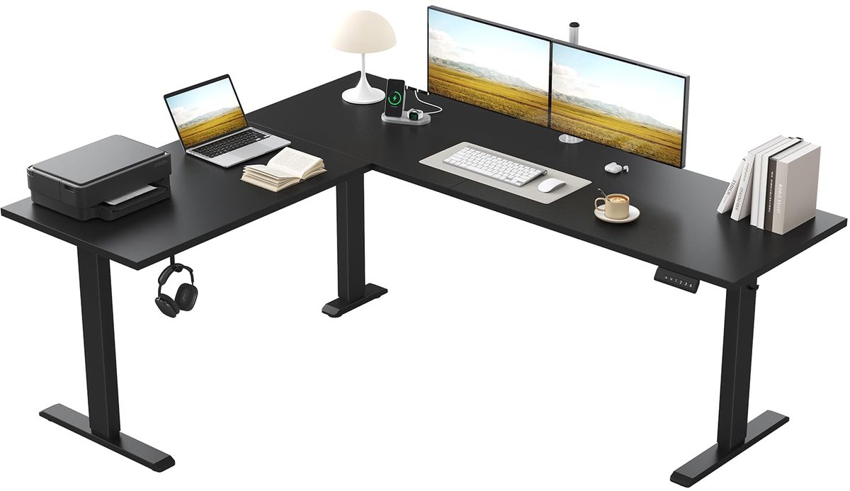 SnelShoppen - L-vormig Elektrisch Verstelbaar Bureau 160x140 cm - Ergonomische Sta-bureau met 3 Geheugenfuncties, Antibotstechnologie en Zwart Design