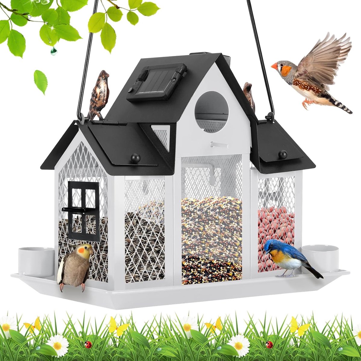 Oplaadbare Solar Voederhuis voor Vogels Buiten, Grote Metalen Vogelhuis Met Verlichting