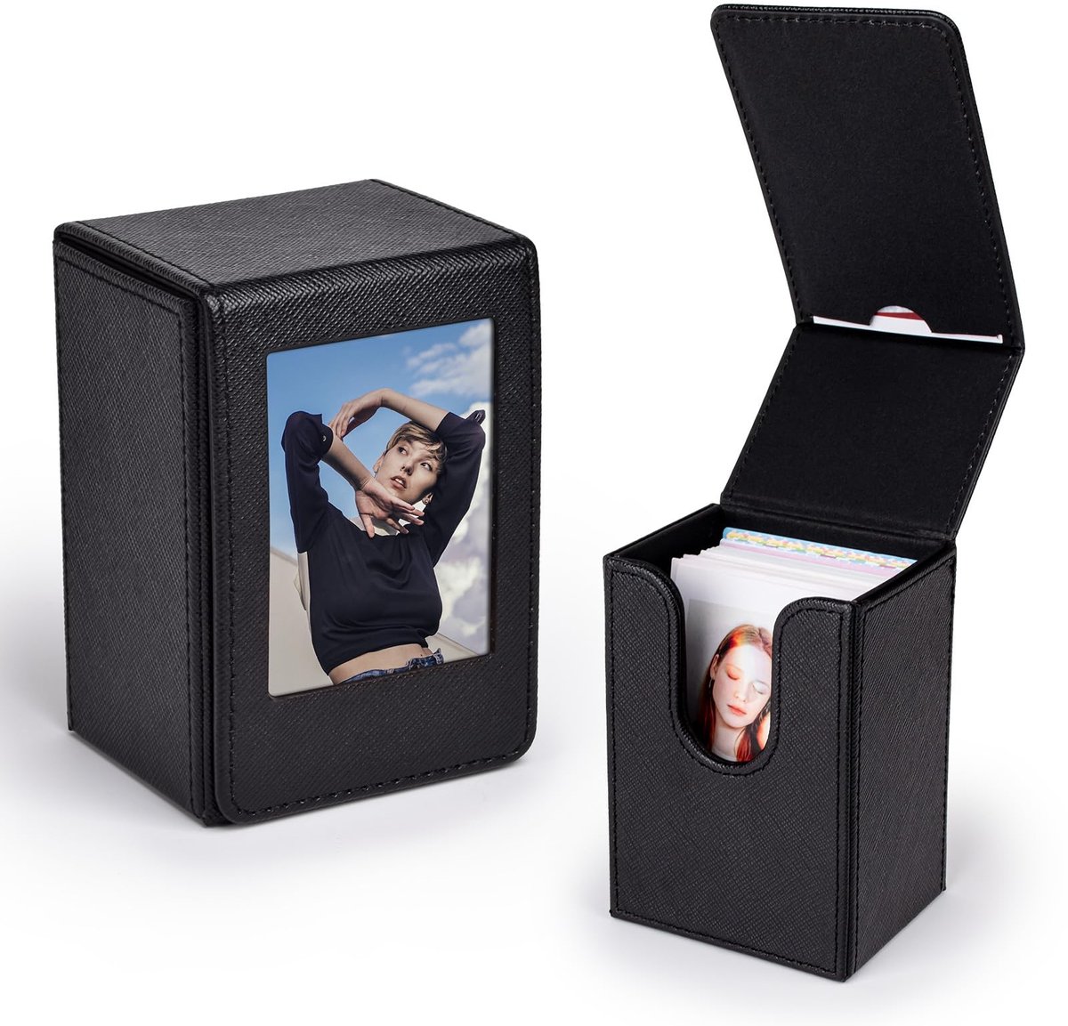 longziming -Mini Foto Opbergdoos - PU Leren Fotobox - Geschikt voor 2x3 Inch Mini Foto's - Magnetische Sluiting - Capaciteit 50 Foto's - Zwart - 1 Stuk