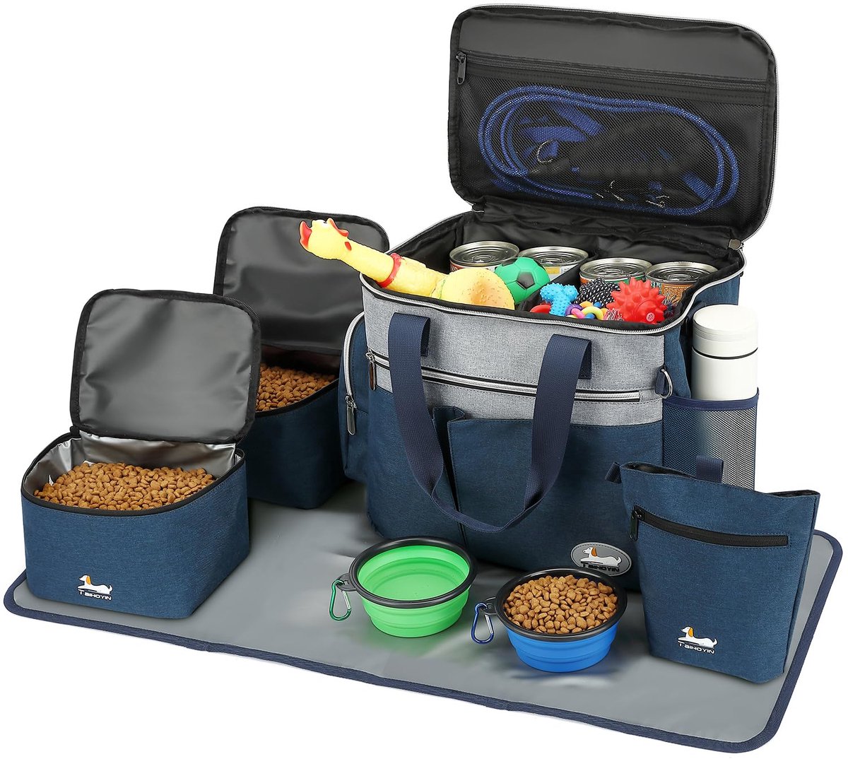 SnelShoppen - Reistas voor Hond met 2 Kommen, Multifunctionele Zakken, Blauw, 25 x 25 x 32 cm, Ideaal voor Camping, Reizen, Wandelen