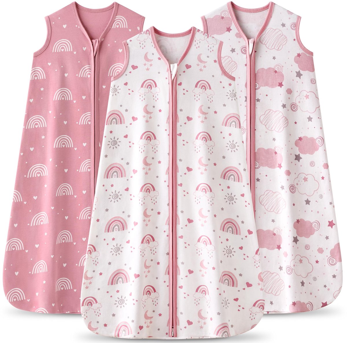 SnelShoppen - Babyslaapzak 0-6 maanden, TOG 0,5, 3 Stuks Ademend Katoen, Zomerslaapzak Roze Regenboog voor Pasgeborenen 58-66 cm