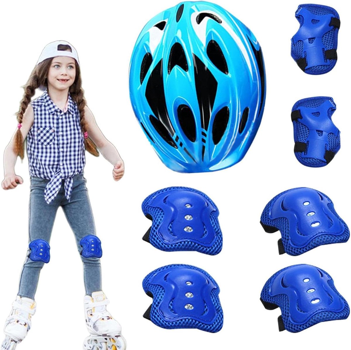 Kinderen Beschermingsset - Helm en Kniebeschermers - Actief Spelen - 7-delig Systeem - 3-12 Jaar - Blauw