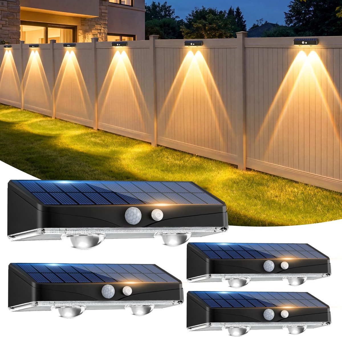 SnelShoppen - Warmwitte zonne-omheiningslichten voor buiten met bewegingsmelder, IP65 waterdicht, 3 modi LED-zonnelampen voor terras, achtertuin, reli