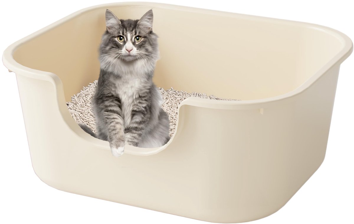 SnelShoppen - Open kattentoiletdrager met hoge rand en lage instaprand, afgedicht en beschermd tegen kiezelval, beige, ideaal voor katten, honden en h
