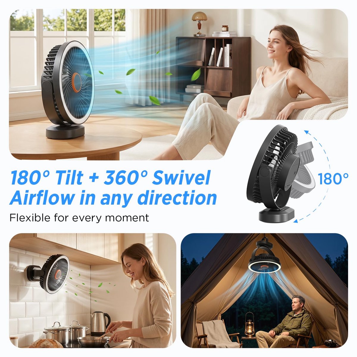 SnelShoppen - Stil Lepwings Tafelventilator USB met 4000 mAh Accu, 3 Snelheden, Nachtlicht, Ophangmogelijkheid, Ideaal voor Slaapkamer, Kantoor en Cam
