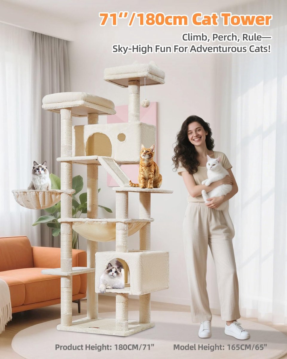 SnelShoppen - Krabpaal 180CM voor Grote Kat met 8 Krabpalen, 2 Platformen, 2 Grotten, Hangmat, Mand, Kattenkrabbord, Pluche Ballen, Beige