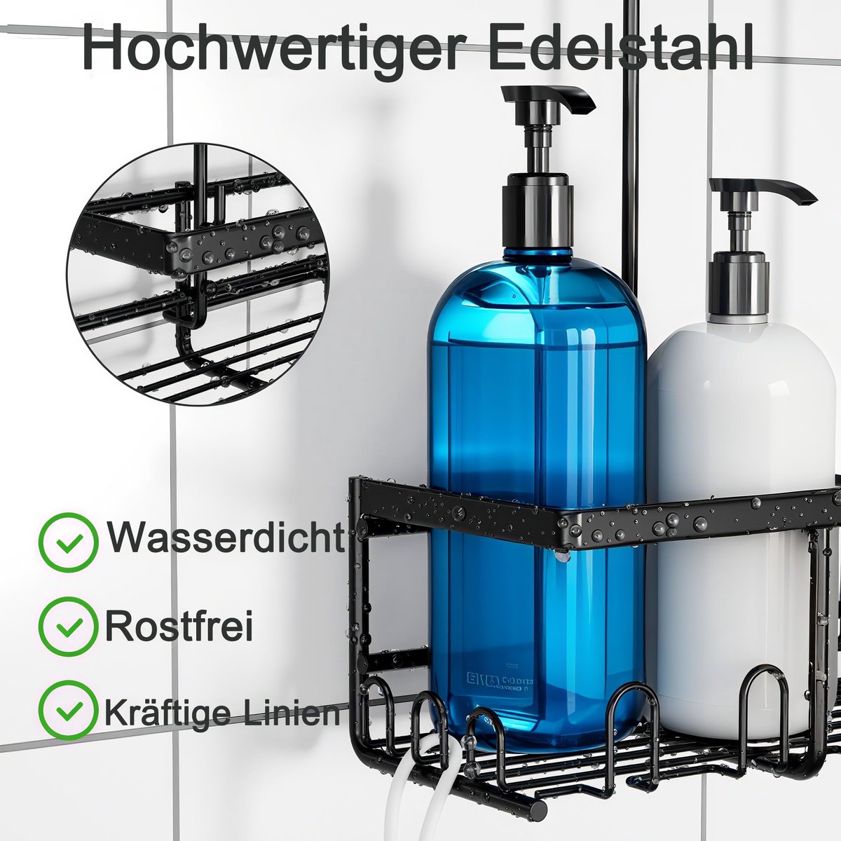 Doucheplank om op te hangen, doucheplank zonder boren, hangend doucheplank met 12 haken, shampoohouder voor douche (zwart)