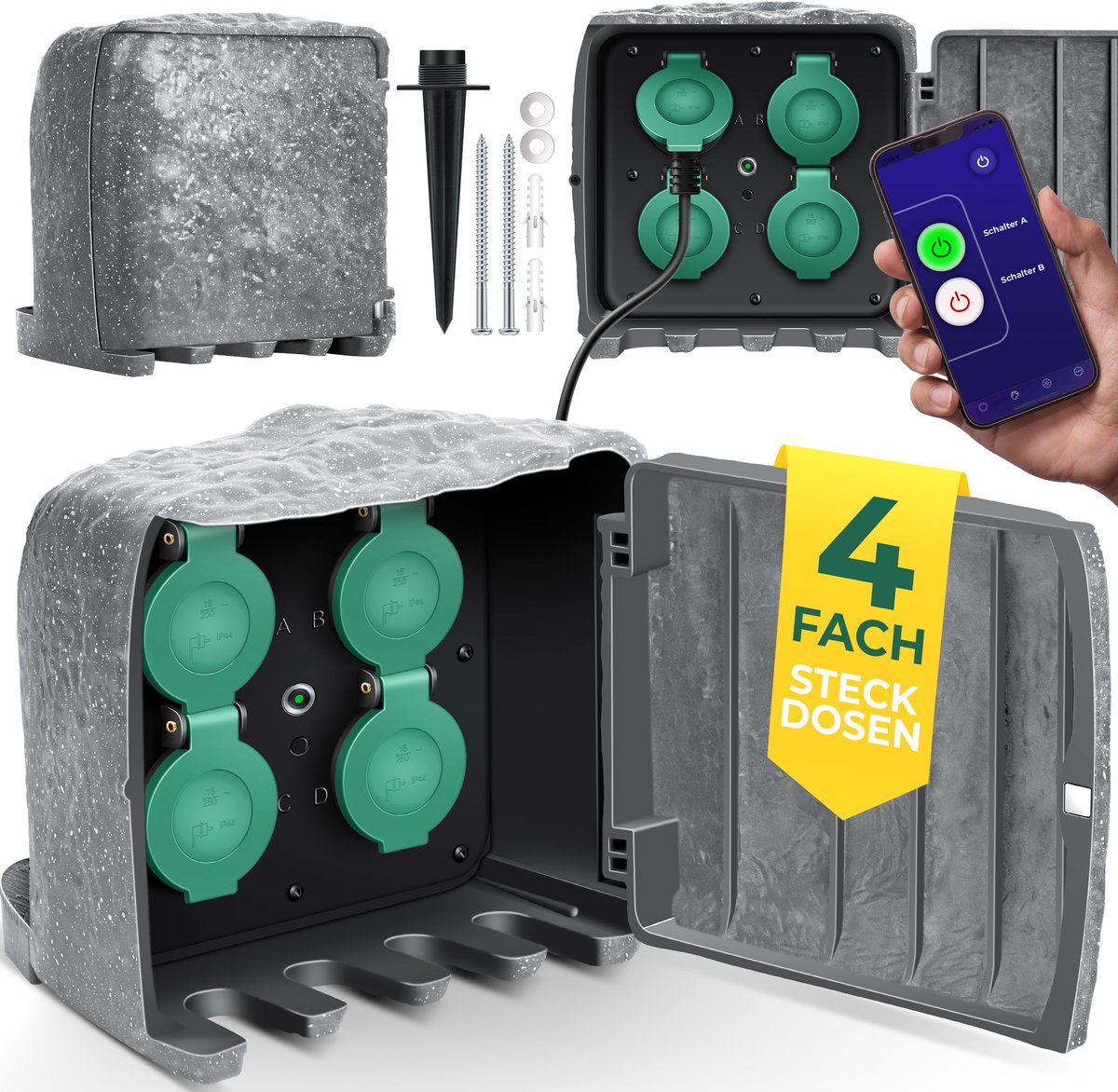 KESSER® Tuinsteckdose in Steenlook met 4 Stopcontacten en WiFi App Besturing