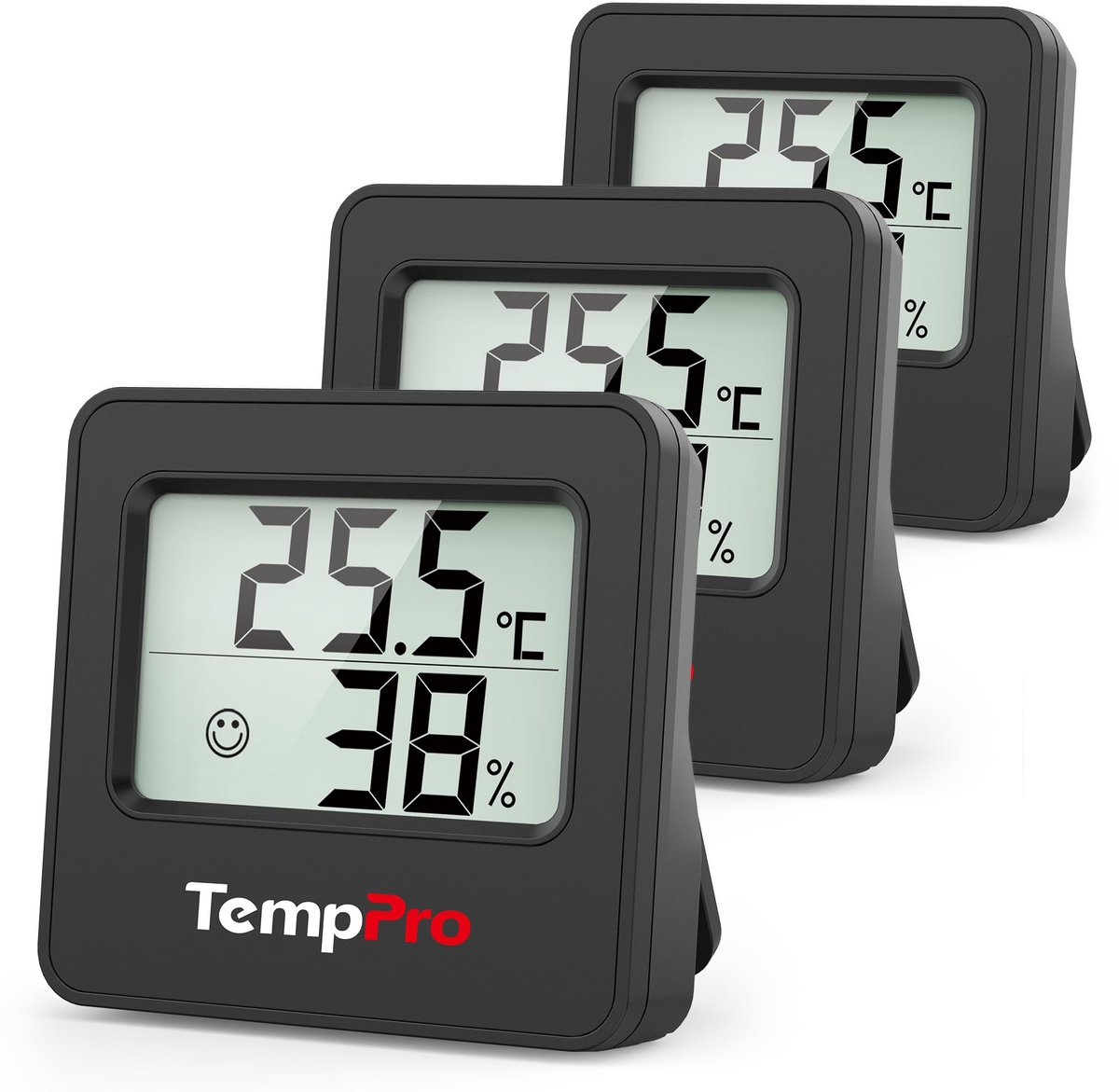 SnelShoppen - Set van 3 Mini-thermo-hygrometers voor Binnen, Nauwkeurigheid 0,5°C, Kamerthermometer & Luchtvochtigheidsmeter met Smiley-indicator, Zwa