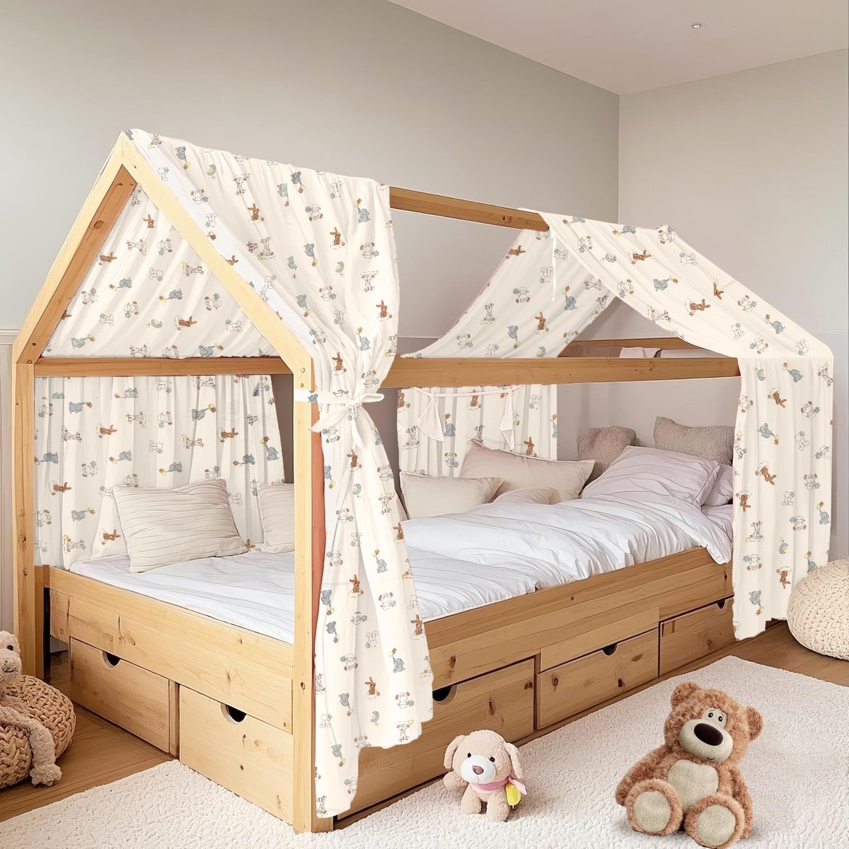 SnelShoppen - FloraVigo Home Dekbedovertrekset 2-delig - 100% Katoen-Mousseline - Handgemaakt Beddecoratie voor Jongens en Meisjes - Dieren Motief (65