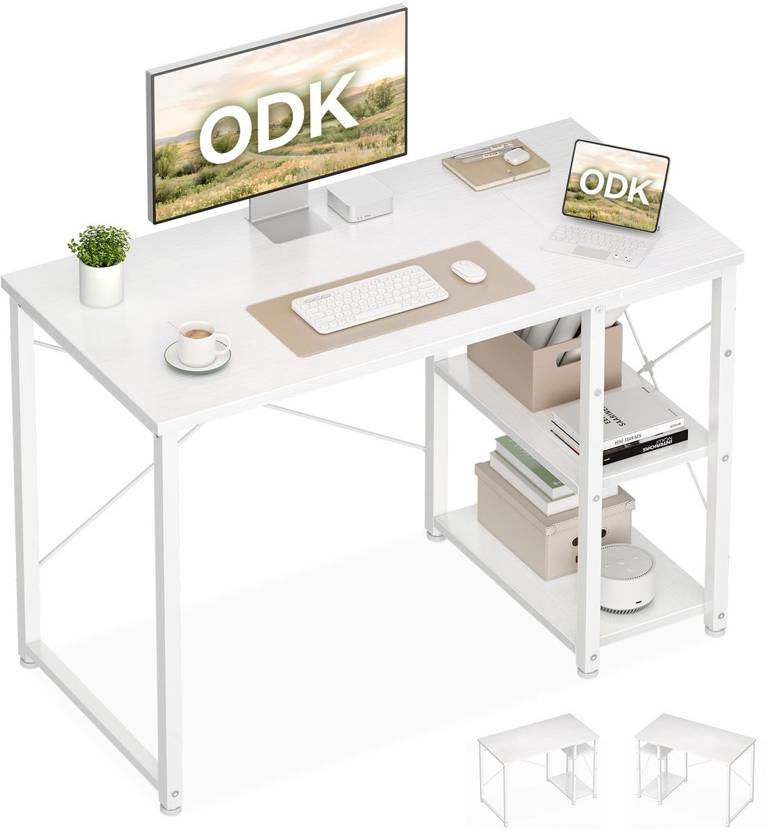 SnelShoppen - ODK Bureau met Omkeerbare Plank, Kantoorbureau Datorbureau met Opbergplanken, Wit 100x48cm voor Thuis, Studie en Gaming