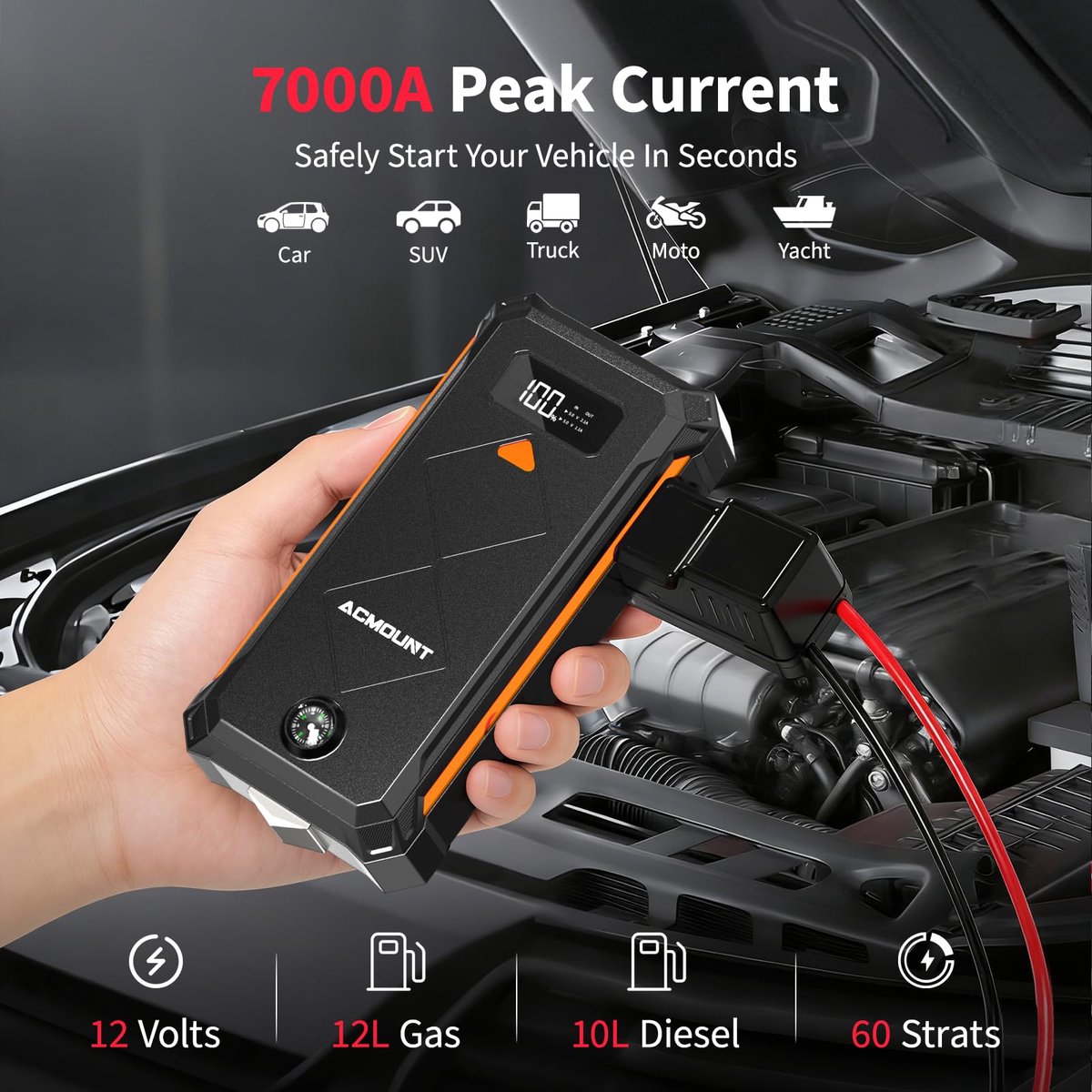 SnelShoppen - Accu Auto Starthulp Powerbank Jump Starter 7000A - Startbooster voor 12L Benzine & 10L Diesel met LED-zaklamp, Display, USB, Kompas & Sl