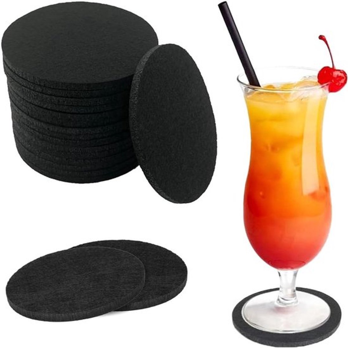 Set van 16 vilten ronde onderzetters - Hittebestendig en wasbaar - Antislip - Voor kopjes - Bier bar - Tafel - Zwart — cadeau in Wonen & Interieur - foto 2