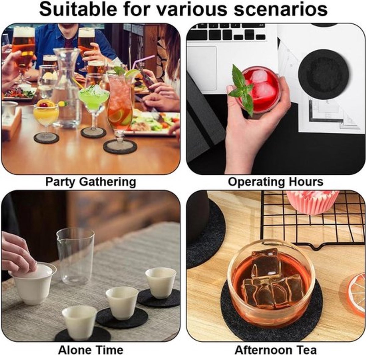 Set van 16 vilten ronde onderzetters - Hittebestendig en wasbaar - Antislip - Voor kopjes - Bier bar - Tafel - Zwart — cadeau in Wonen & Interieur - foto 3