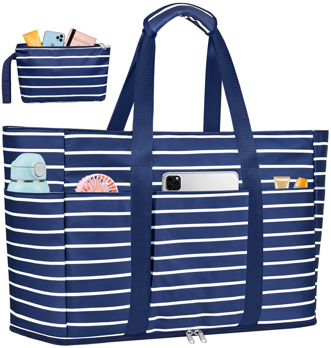 SnelShoppen - Grote Waterdichte Strandtas voor Dames XXL met Ritssluiting, Blauwe Streep, Perfect voor Strand, Zwembad, Vakantie, Modern Design