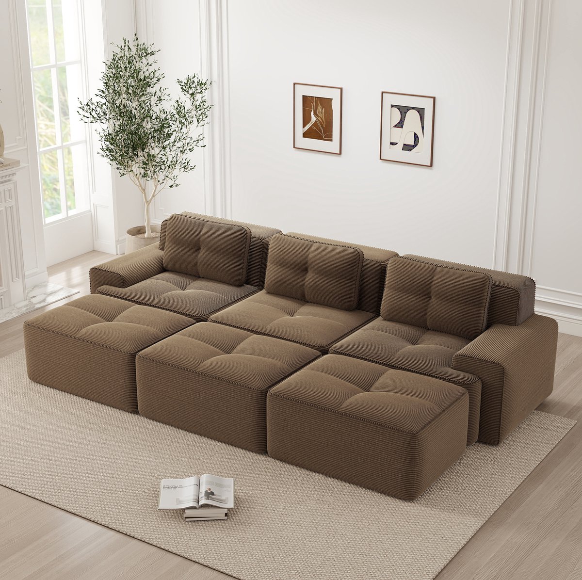 OKWISH Hoekbank 3-Zits - Modulaire Slaapfunctie En 3 Hockers - Zachte Cordstof, Zonder Montage Voor Woonkamer En Lounge - Bruin