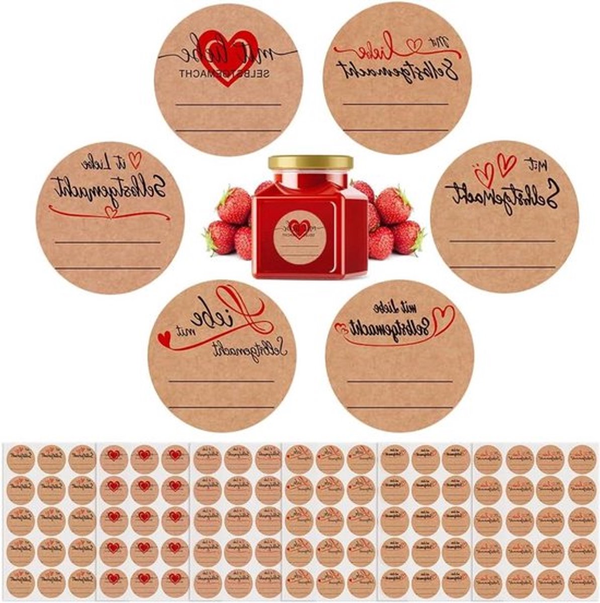 Ronde Kraft-etiketten in 6 stijlen voor jam en geschenken. Hoge kwaliteit en veelzijdig.