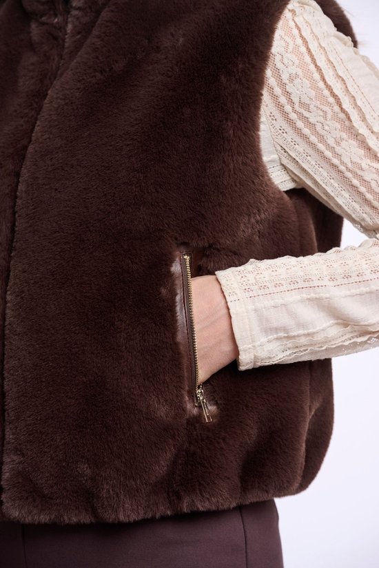 Bruin imitatiebont gilet met bruine broek en beige top met kant.