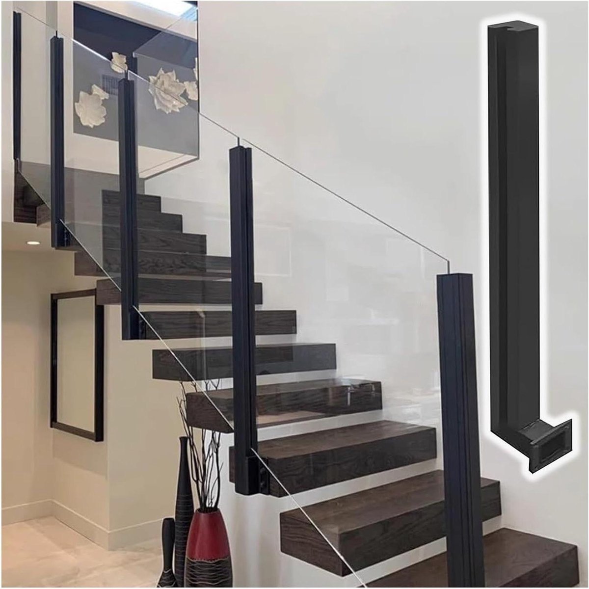 Glazen Balustrade Paal - RVS Relingpaal Dek - Terras Afscheiding - Zijmontage Glas - Tot 145 cm - Zwart