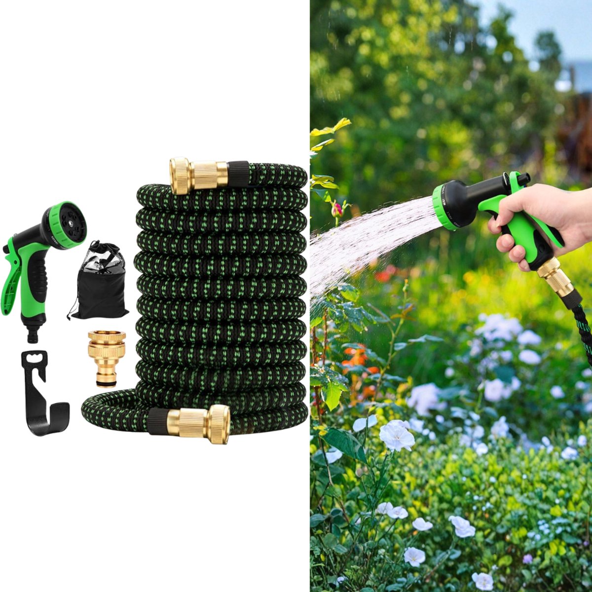ApexArte® Flexibele Tuinslang - Uitrekbare Tuinsproeier - Meerdere Functies - Groen