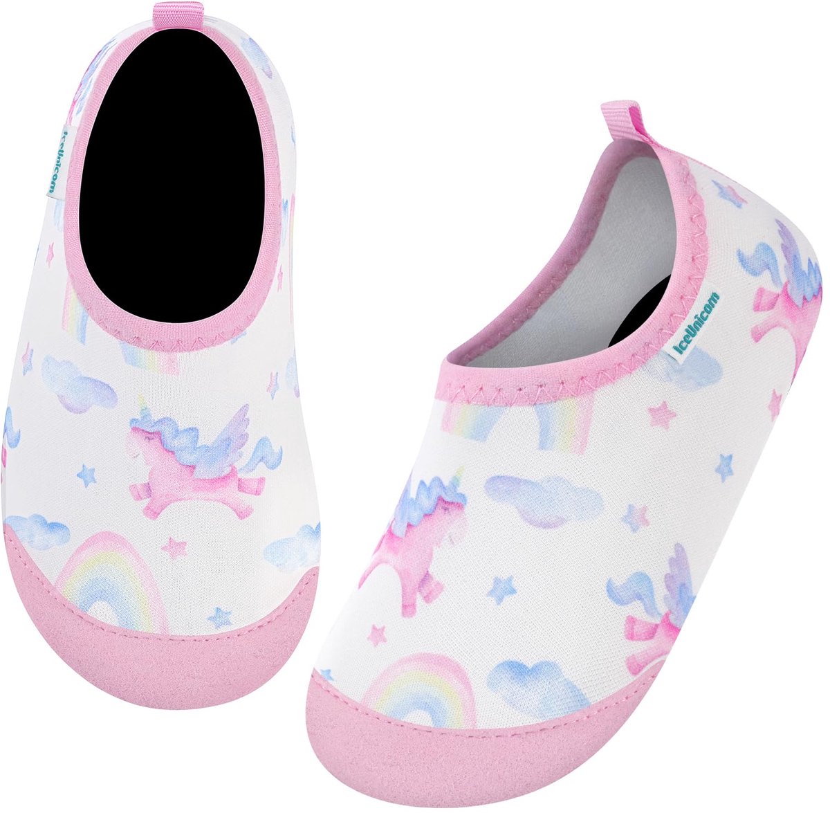 SnelShoppen - IceUnicorn Baby/kinderstrandschoenen, sneldrogende badschoenen, waterschoenen, zwemschoenen, maat 22/23 EU, Regenboog Eenhoorn Roze/Wit