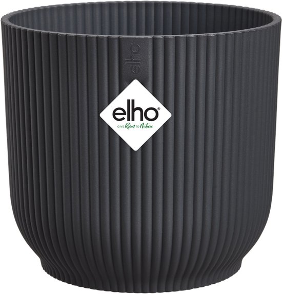 Antracietkleurige, ribbelige ronde bloempot van Elho met logo.