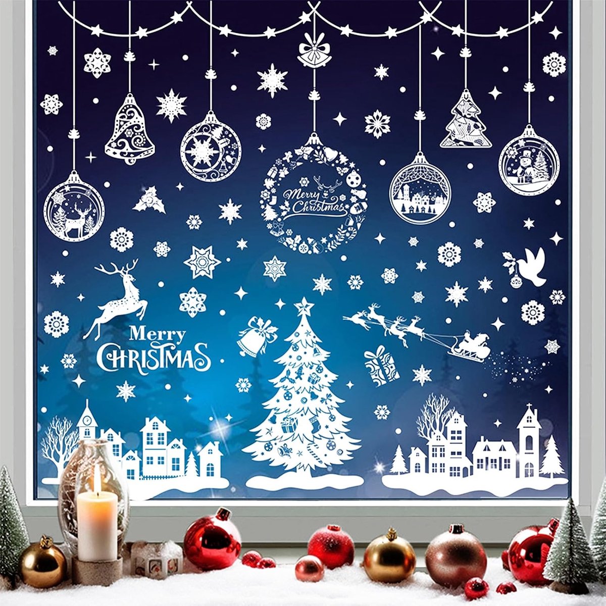 SnelShoppen - 244 Witte Stickers voor Kerstvenster 9 Vellen Dubbelzijdige Kerststickers voor Winkelramen met Sneeuwvlokken, Kerstbomen, Rendieren en H