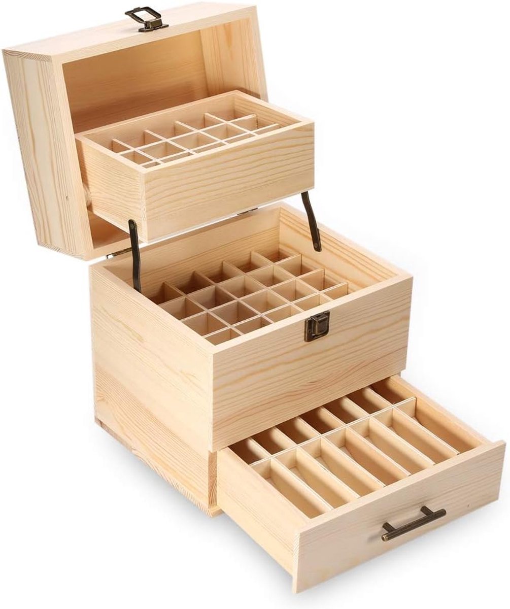 SnelShoppen - Houten Essentiële Olie Organizer, 59 Slots, Drie Laags Opslagdoos voor Essentiële Olie met 59 Flesjes, Duurzaam en Stijlvol